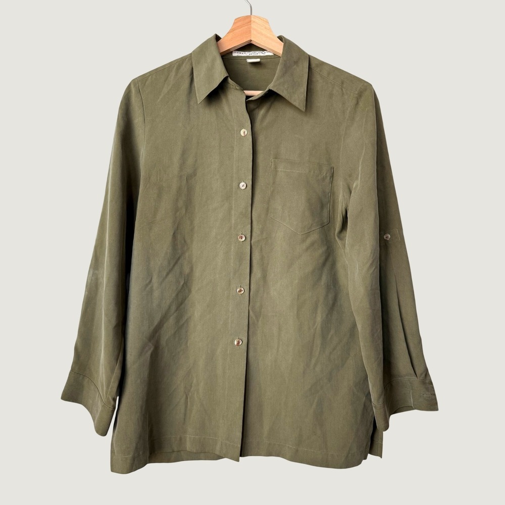 Josephine Chaus 100% Silk Roll Sleeve Button Down Utility Shirt Green S Petite